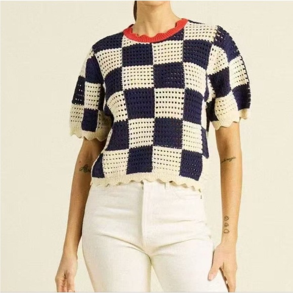 Trovata Sweaters - Trovata Birds Of Paradise Jules Sweater T Shirt Womens Small Crochet Check Navy
